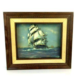 Vintage Nautical 1960s MCM 3D Clipper Ship in Brown Framed Shadow Box Seascape
